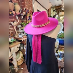 Fuschia Pink Fedora with Faux Gold Chain
